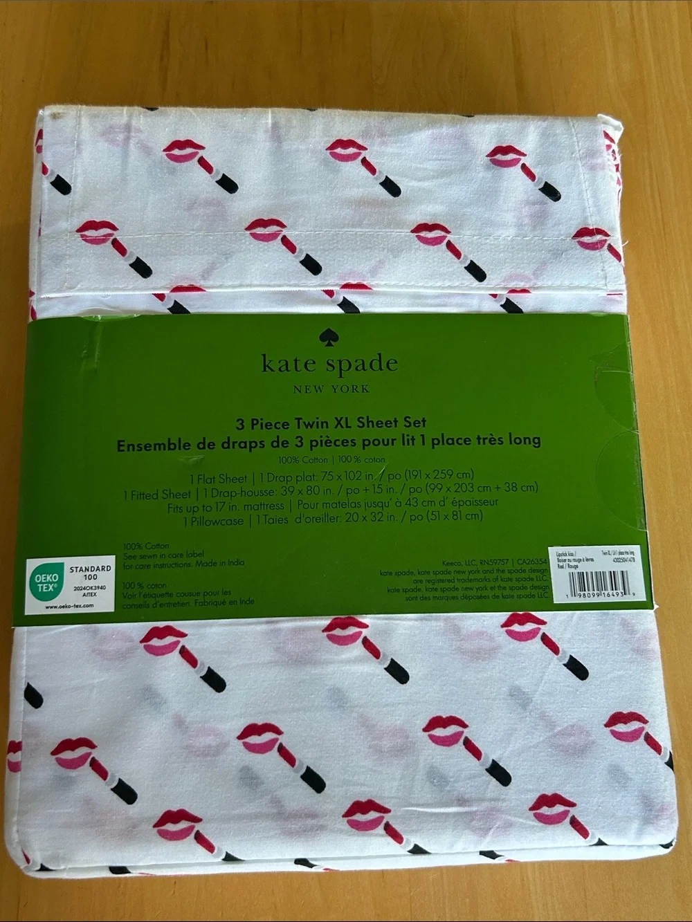 Kate Spade XL Twin Sheet Set 3 Piece 100% Cotton Lips Lipstick Kiss Pink Red NEW